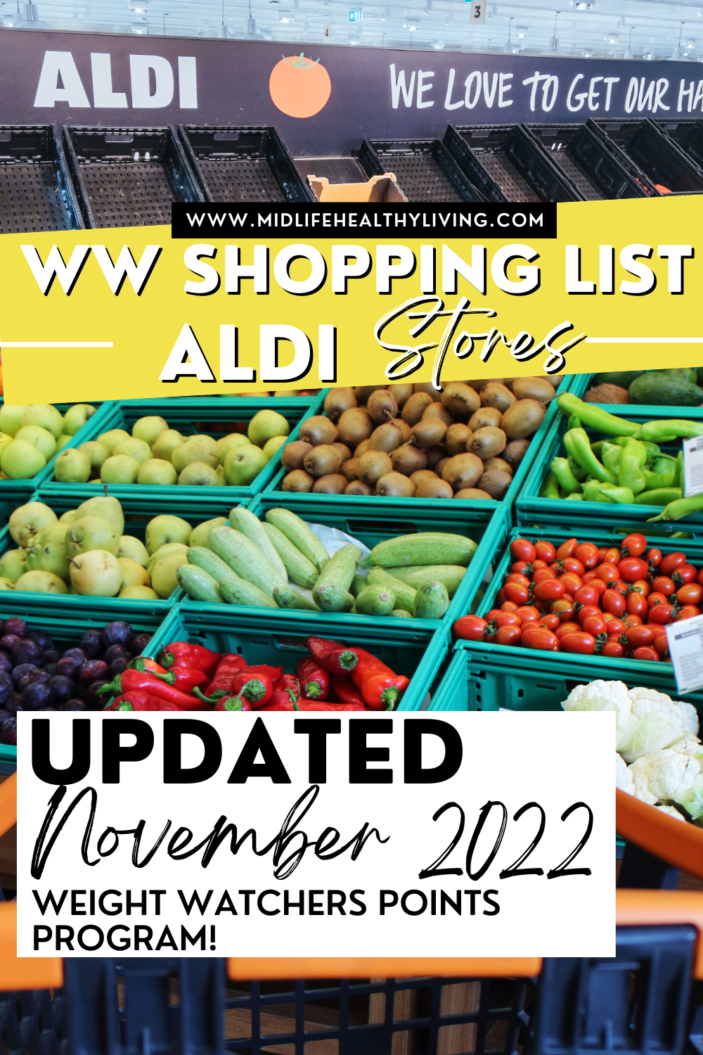 Pin showing Weight Watchers foods to buy from Aldi with title in middle and updated date in lower left