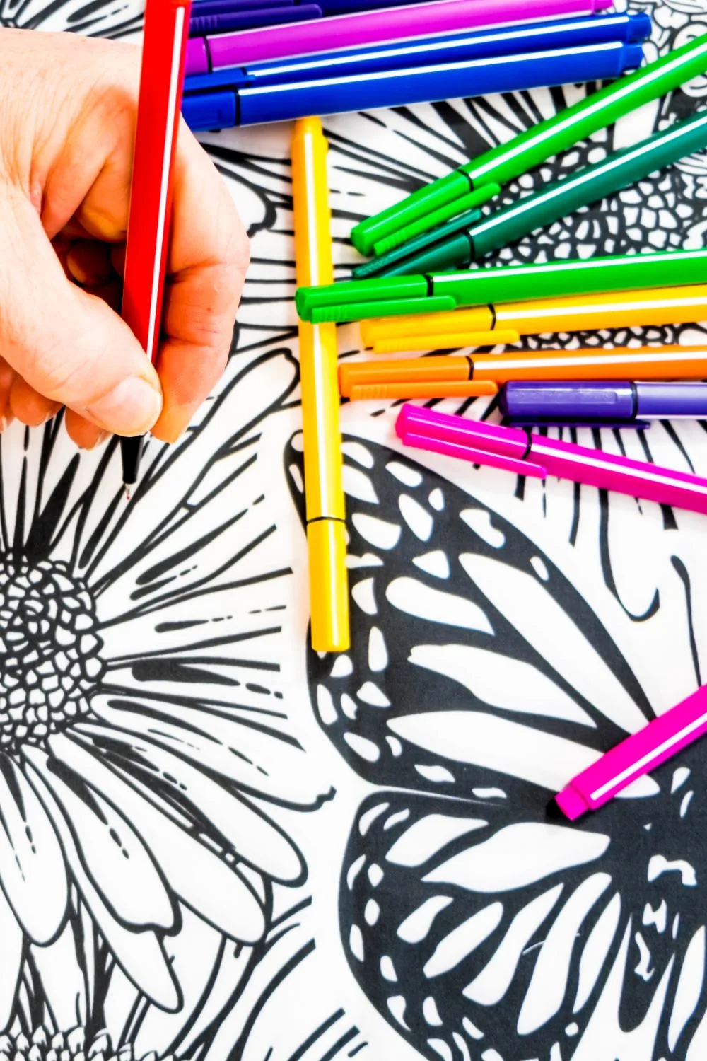 someone coloring a page with a flower and a butterfly
