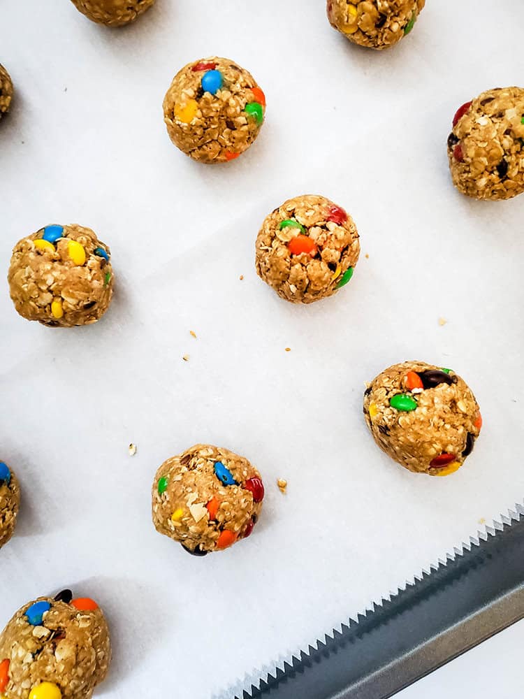 Ingredients combined into balls on a baking sheet