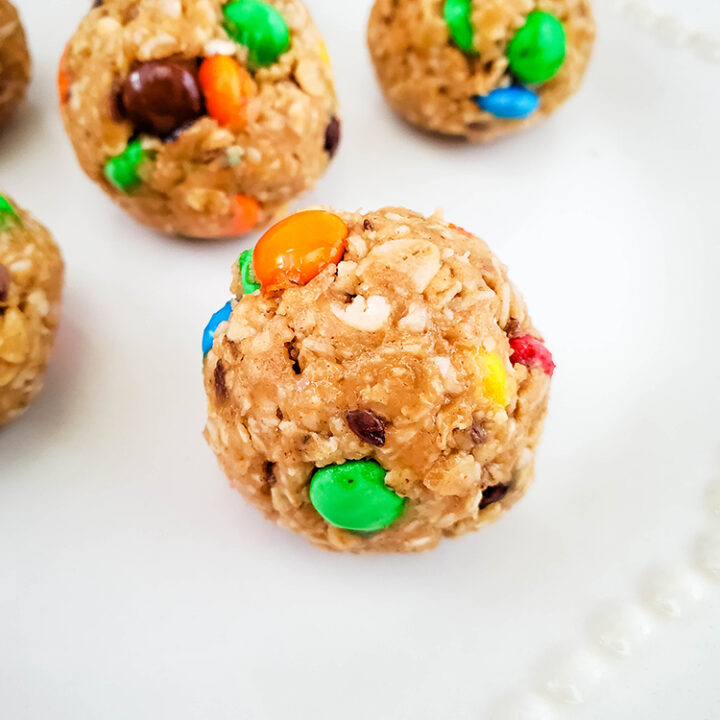 A close up of the finished chocolate peanut butter energy balls