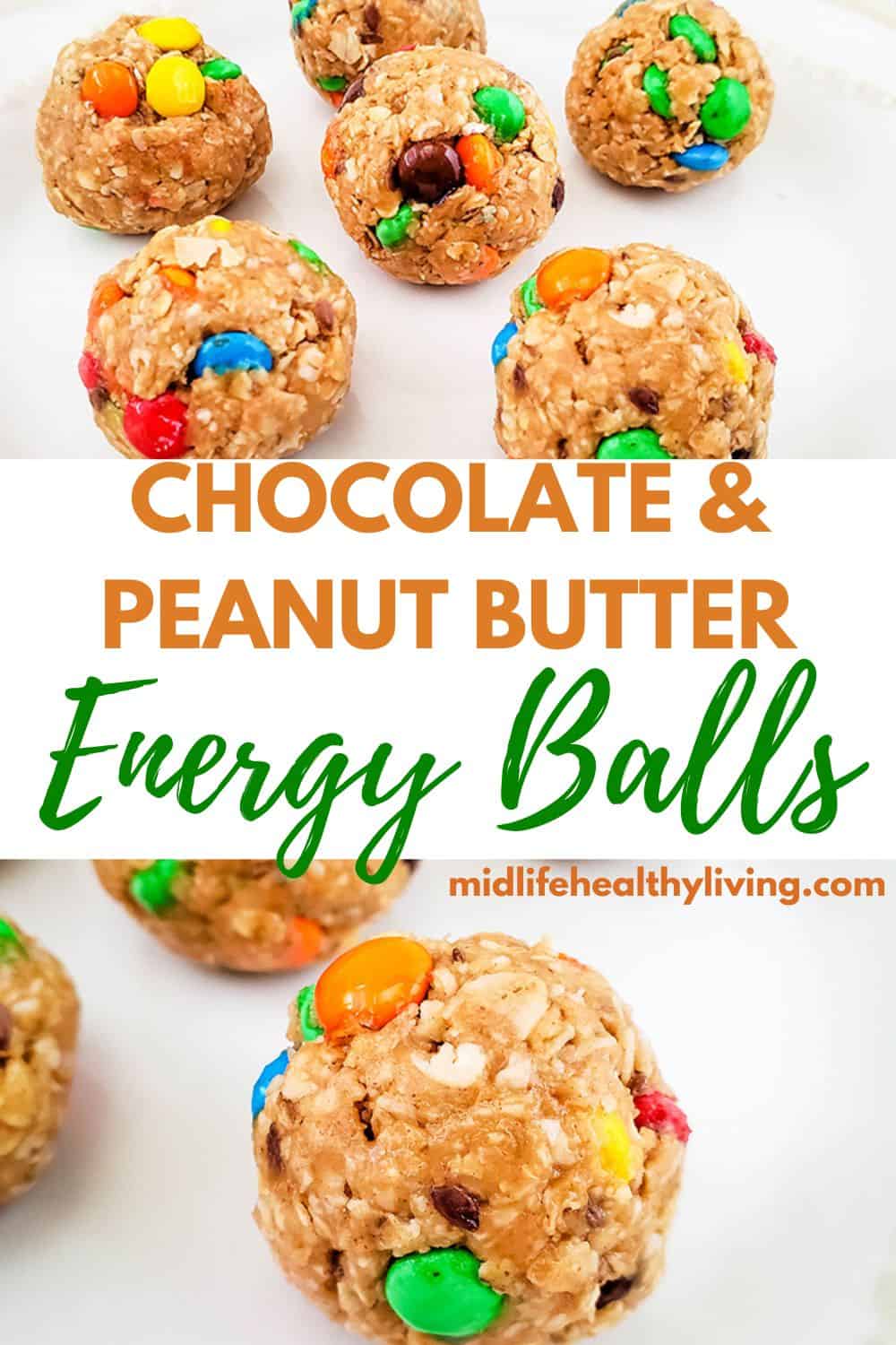 Pin image showing close up photos of chocolate peanut butter energy balls.