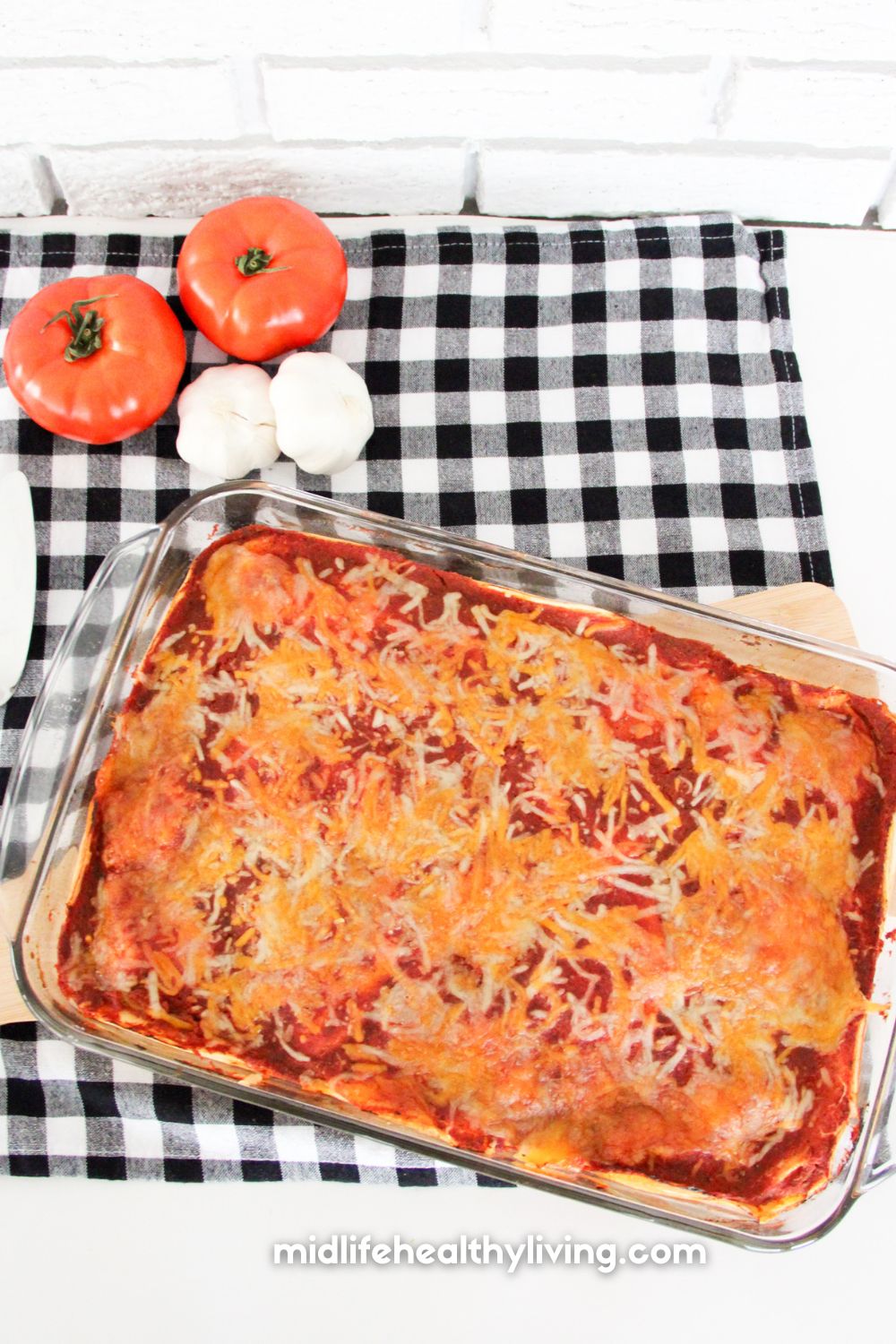 Weight Watchers Enchilada Casserole from above with a checkered place mat