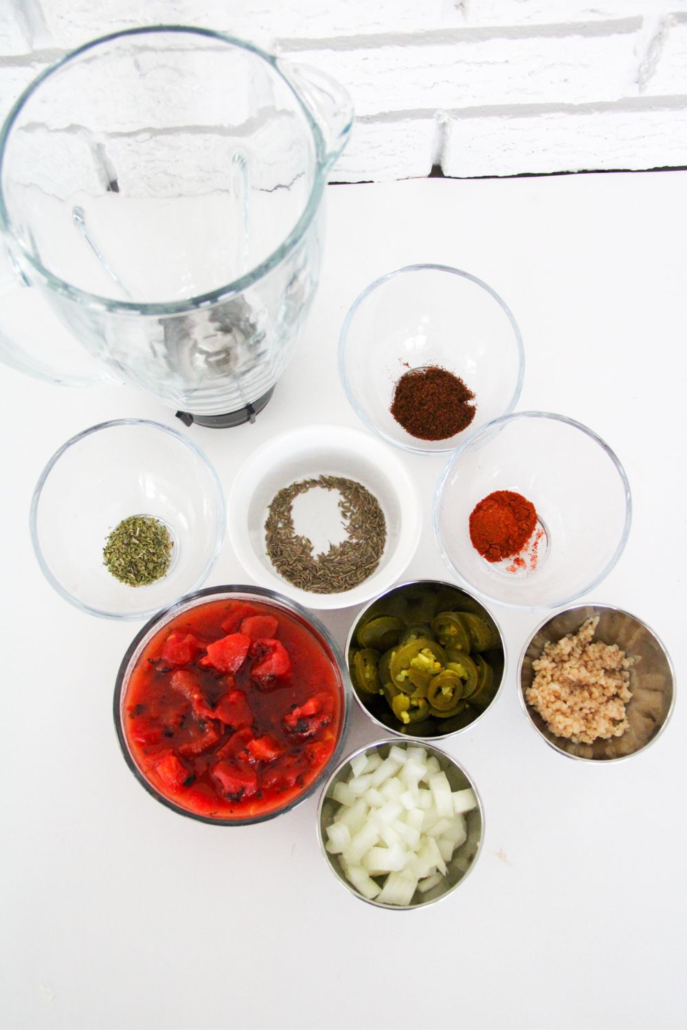 ingredients in individual bowls before being put into blender