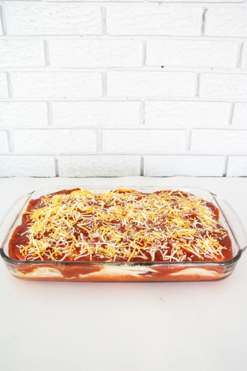 Weight Watchers Enchilada Casserole ready to be baked