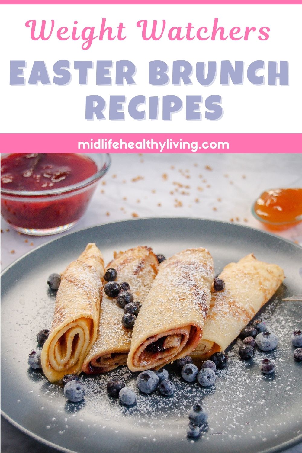 Pinterest image for rolled up crepes with blueberries on a plate