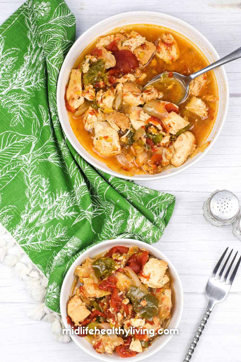 two bowls from above filled with sweet and sour chicken