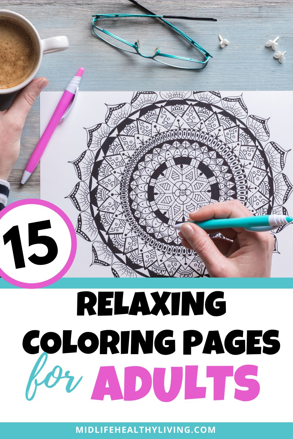 Pinterest image for post about stress relief coloring pages for adults