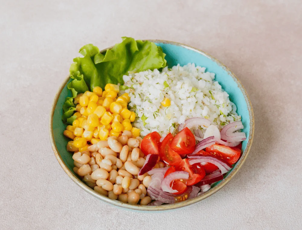 fresh vegetables in bowl for making ww chicken burrito bowl