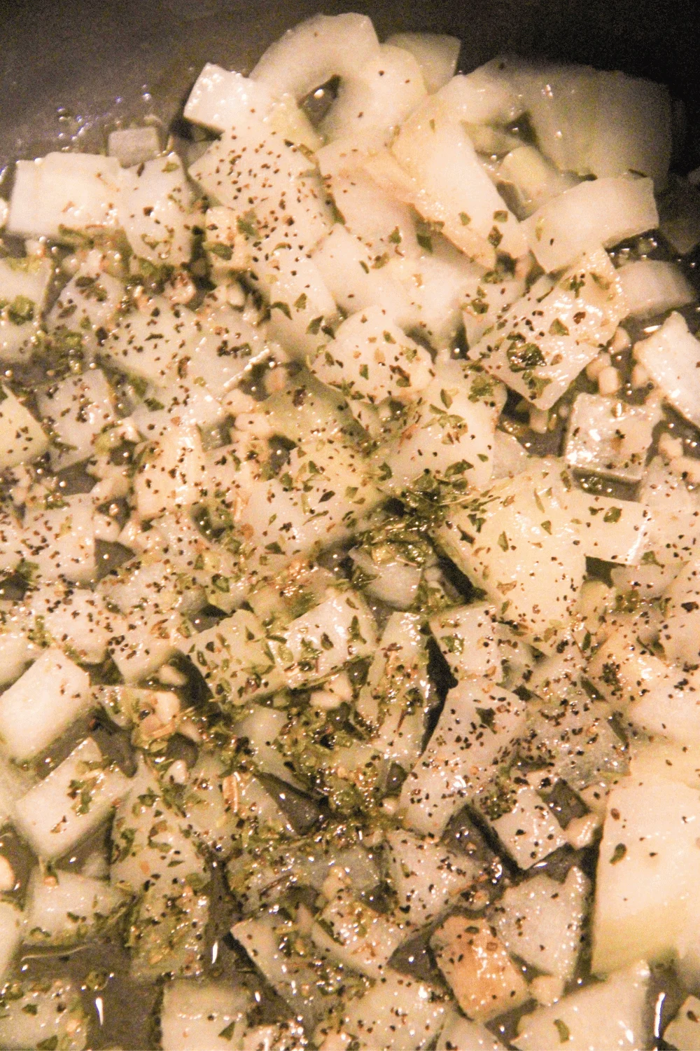 frying onions with herbs for ww chicken pot pie recipe