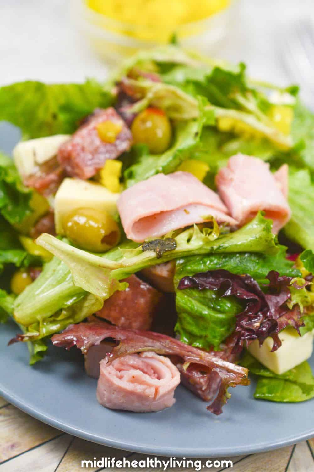 Antipasto salad on a plate up close