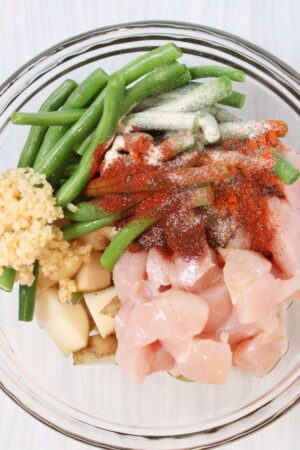 Sheet Pan Chicken Veggies with spices added