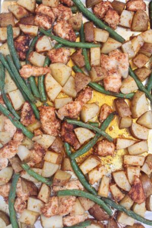 Sheet Pan Chicken Veggies on a baking dish