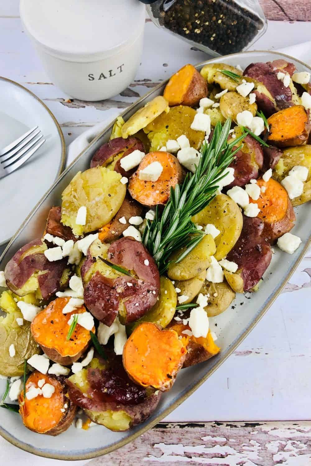 WW Smashed Potatoes on a platter to be served photographed from above