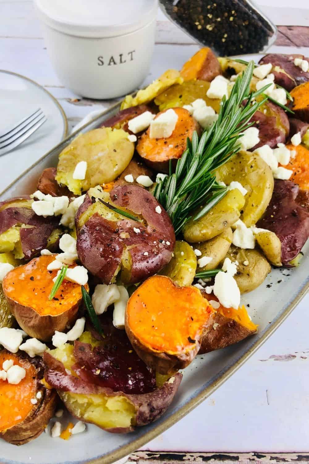 WW Smashed Potatoes on a platter to be served photographed from above