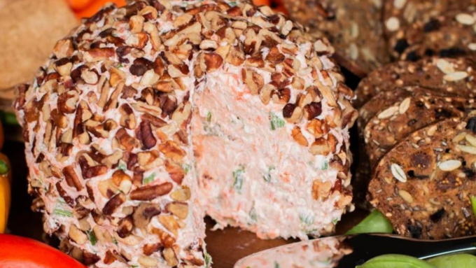  A cheese ball made of smoked salmon.