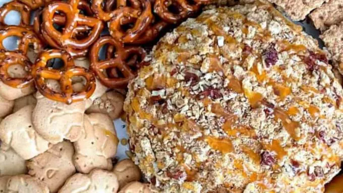 A dessert cheese ball with caramel and pecans, served with fruit and pretzels.