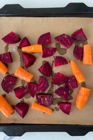 roasting vegetables on a baking sheet