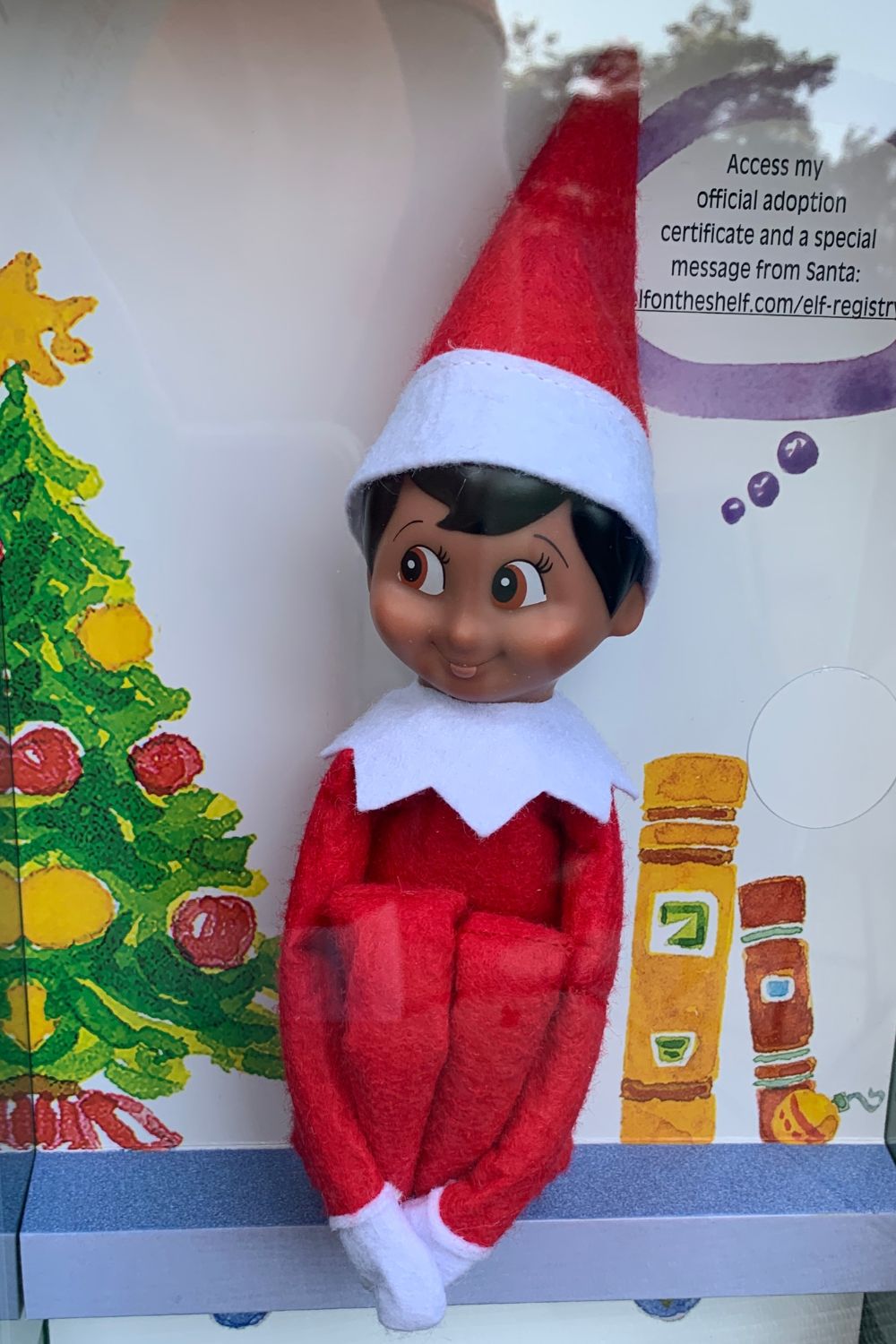 a brown Elf on the shelf sitting in the box it comes in