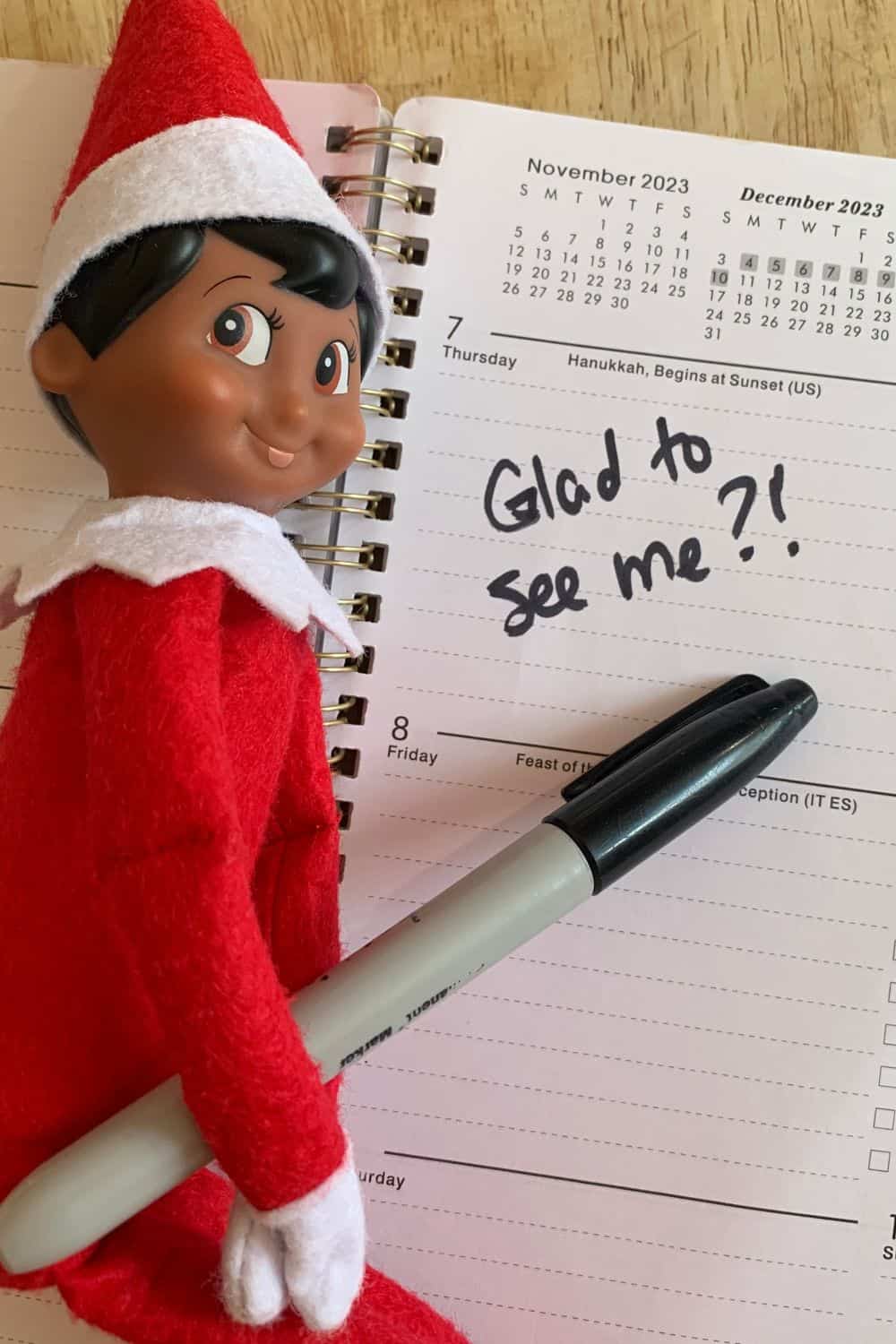 Elf on the Shelf who "wrote" a note that says "glad to see me?"