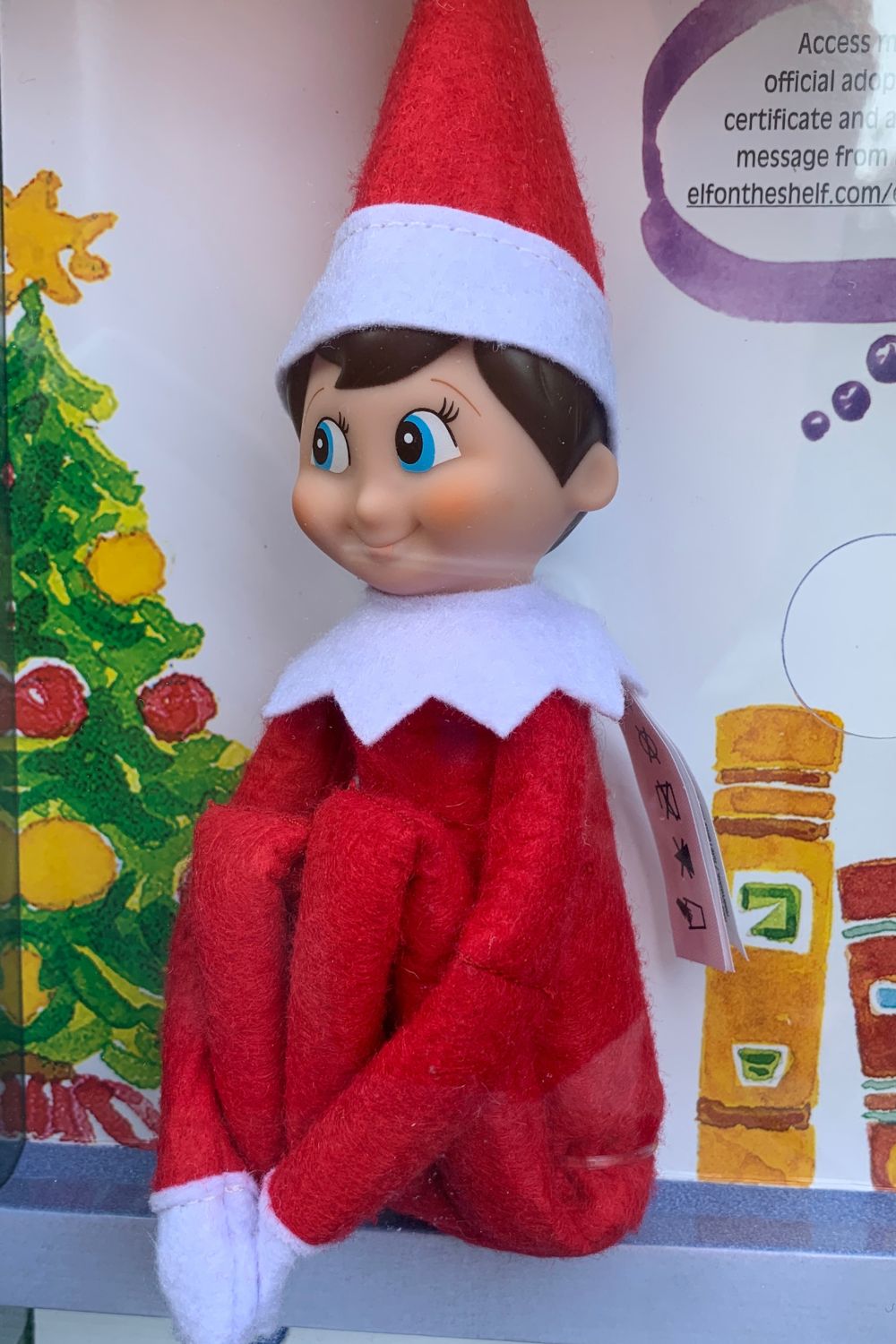a white Elf on the shelf sitting in the box it comes in