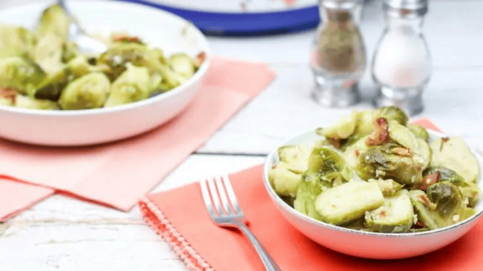 Bowls of garlic bacon brussels sprouts.