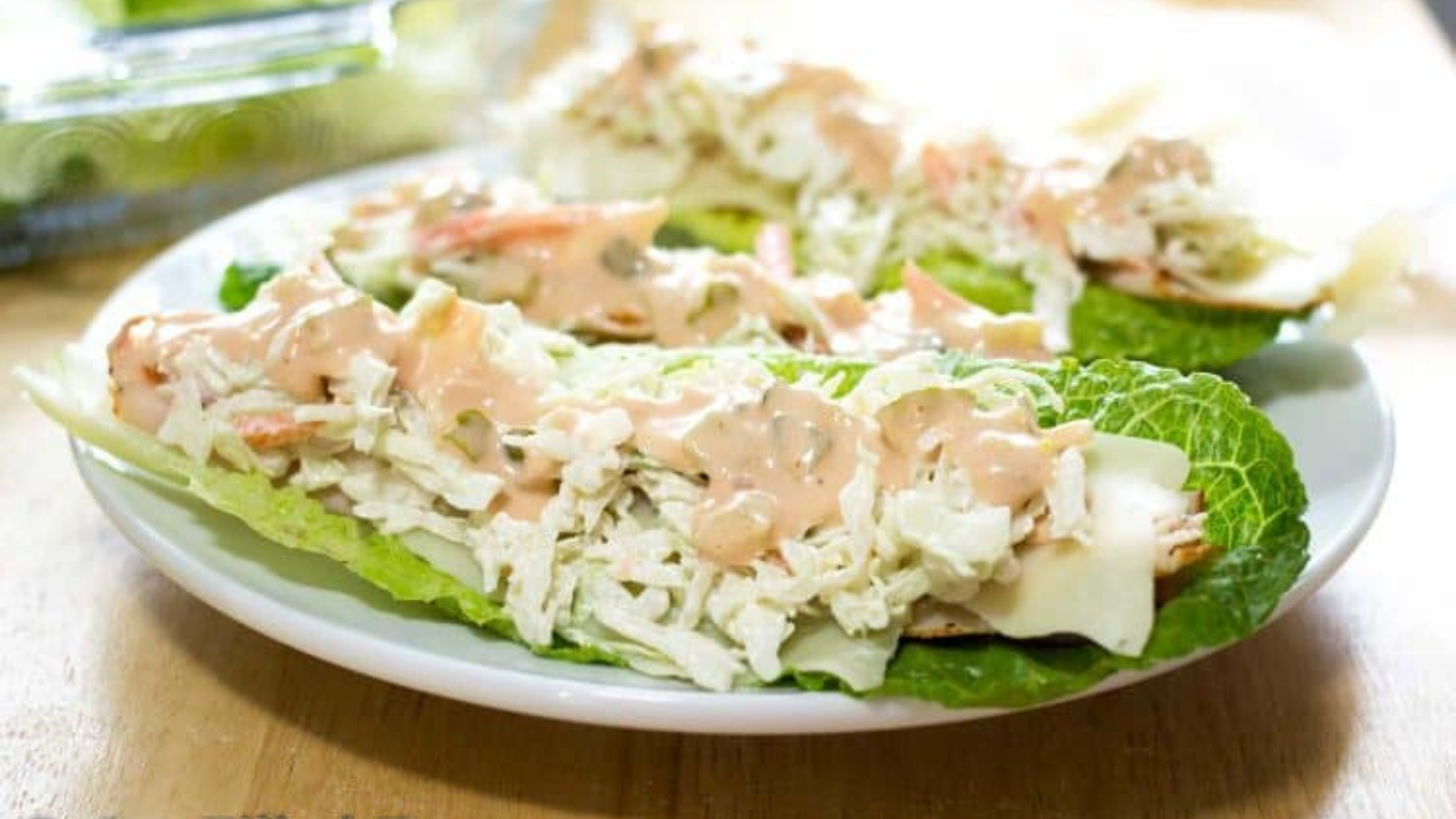 Lettuce cups filled with turkey, cheese and thousand island dressing.
