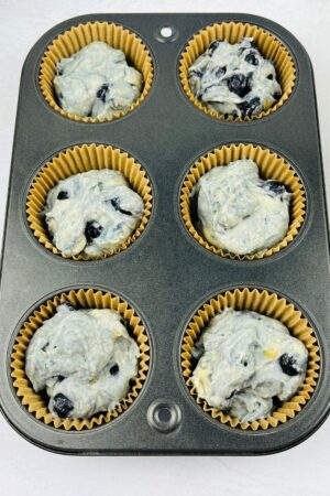 muffin batter evenly scooped into the muffin tin